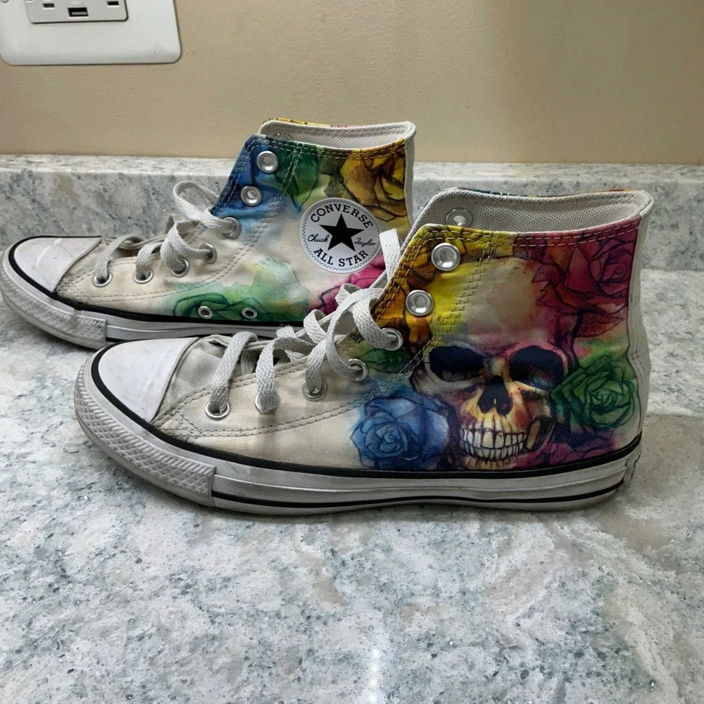 Converse High Top Chuck Taylor All Star W8 M6 Multi Skull Rose Watercolor Shoes